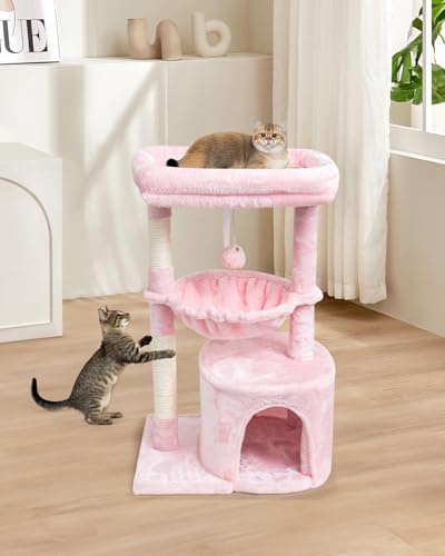 SYANDLVY Small Cat Tree for Indoor Cats, Cat Tower with Scratching Post, Modern Cat House with Padded Perch, Kittens Condo with Cradle, Cat Cave, Pink - color: Pink