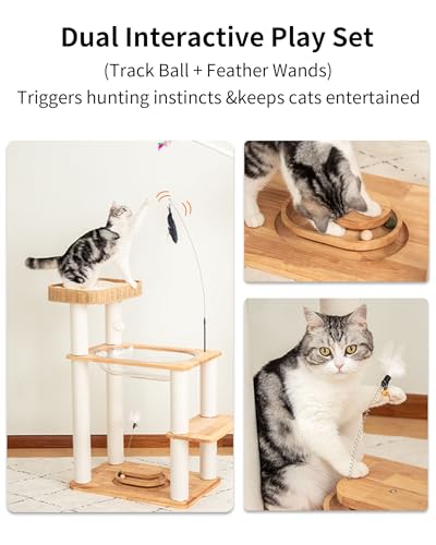 Wood Cat Tree for Large Cats, Modern Cat Tree Tower with Wide Shelves Cotton Scratching Posts, Super Sturdy Base, Cozy Perches, and Interactive Toys for Indoor Kittens - color: s975