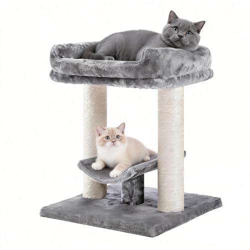 PETEPELA 19" Scratching Post, Cat Tree Tower, 100% Natural Sisal Scratcher With Large Plush Top Perch Bed, Cozy Platform for Kittens and Cats - color: Classic Grey