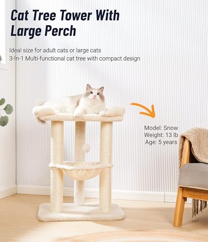 Happi N Pets 28" Cat Tree, Large Bed for Big Cats, Small Cat Tower with Soft Perch for Window Viewing, Stable Cat Tree Tower, Cat Scratching Post with Hammock, Removable Cover-Beige - color: Beige
