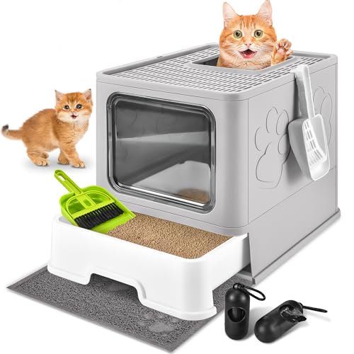 Cat Litter Box with Litter Mat, Foldable Extra Large Free in and Out/One-Way with Lid, Drawer Type Enclosed Kitty Litter Box,Odor Control Anti-Splashing Easy Cleaning (Light Grey) - color: Light Grey