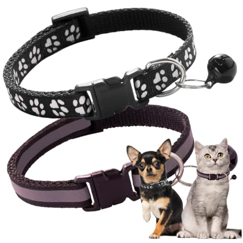 XS Dog Collar with Bell, 2-Pack Male Cat Collars Reflective Strip Nylon Puppy Collar with Bell Adjustable for XXS XSmall Small Boy Dogs Kitten X-Small, Black - color: Reflective Black