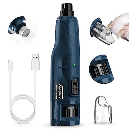 Casfuy Dog Nail Grinder Quiet - (45db) 6-Speed Pet Nail Grinder with 2 LED Lights for Large Medium Small Puppy Dogs/Cats, Professional 3 Ports Rechargeable Electric Dog Nail Trimmer with Dust Cap - color: Blue
