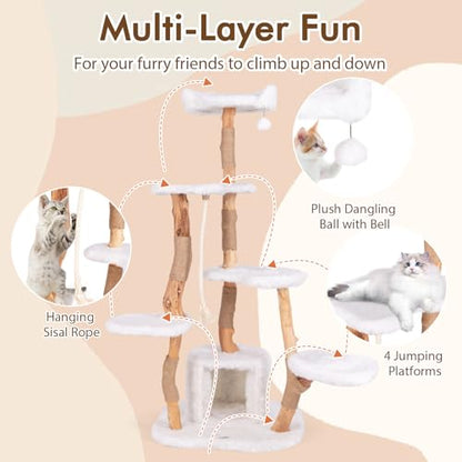 Tangkula Solid Wood Cat Tree, Modern Wooden Cat Tower with Jute Scratching Posts, Perch, Condo, Sisal Rope, Dangling Ball, Soft Long Plush, 66 Inch Tall Cat Tree Tower for Indoor Cats Large Adult - style: Round Condo
