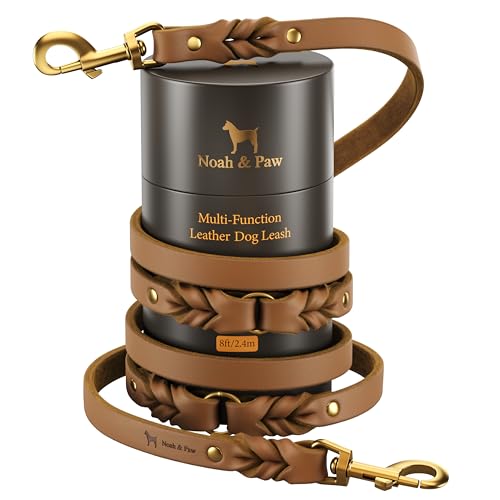 NOAH & PAW Leather Dog Leash, Premium Oil-Waxed Leather Braided, 8 ft Long Dog Leash with 6 Ways to Use Hands-Free, Quick-tie, Double Pet Lead Etc. Matching Collar Available. (Camel) - color: Camel