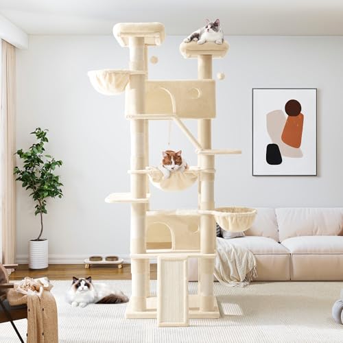 Allewie 81 Inches Tall Cat Tree/Multi-Level Large Climbing Tree House and Towers for Big Feline/Condo and Hammock/Scratching Post/Wide Base/Beige - color: Beige