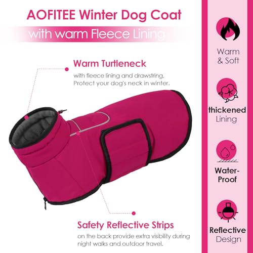 AOFITEE Dog Winter Coat, Waterproof Dog Jacket, Dog Coat with Harness Hole, Warm Fleece Dog Puffer Jacket, Reflective Windproof Dog Snowsuit for Small Medium Large Dogs, Dachshund, French Bulldog, M - color: HotPink, size: Medium