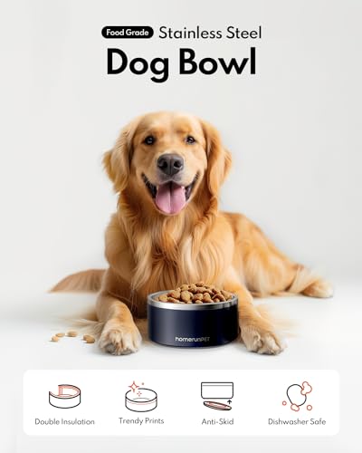HomeRunPet Dog Bowls, Durable Dishwasher Safe Double Wall Metal Insulated Stainless Steel Food Water Bowls with Non-Slip Rubber Base, Ideal for Small Medium and Large Dogs (32oz, Navy) - color: Navy