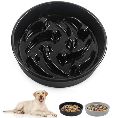 Ceramic Slow Feeder Dog Bowls, 2 Cups Dog Food Dish for Medium and Large Breed, Puzzle Dog Food Bowl for Fast Eater, 28OZ, 8.15 inch(Black) - color: Black-L