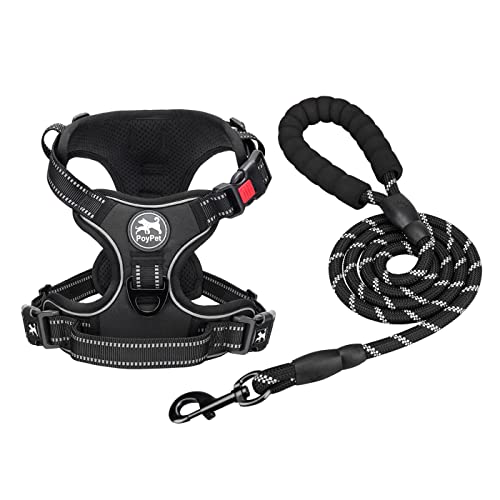 PoyPet Dog Harness and Leash Combo, Escape Proof No Pull Vest Harness, with 5 Feet Leash, Reflective Adjustable Soft Padded Pet Harness with Handle for Small to Large Dogs(Black,L) - color: Black, size: L