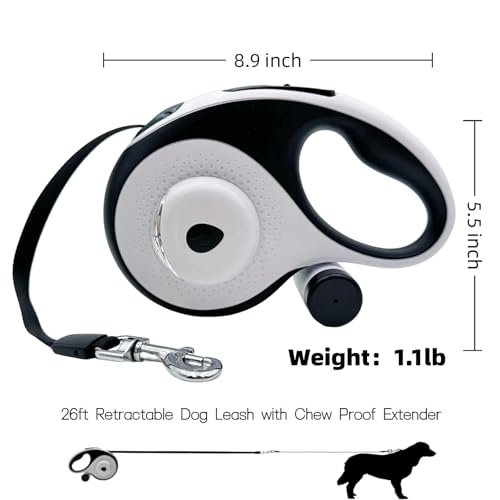 26ft Retractable Dog Leash for Large Dogs with Poop Bag Holder and LED Light,Heavy Duty Retractable Dog Leash with Chew Proof Extender,One-Hand Lock System,Impact-Resistant,Up to 110 lbs(Wihte) - color: Wihte