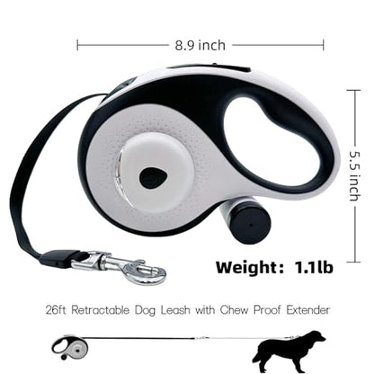 26ft Retractable Dog Leash for Large Dogs with Poop Bag Holder and LED Light,Heavy Duty Retractable Dog Leash with Chew Proof Extender,One-Hand Lock System,Impact-Resistant,Up to 110 lbs(Wihte) - color: Wihte
