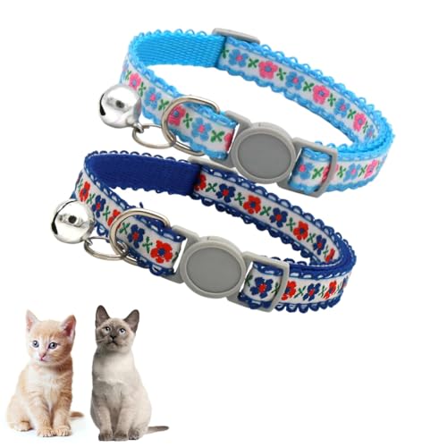 2 Pack Cat Collar with Bells, Blue Flower Collars for Cats Breakaway Safety Buckle Girl Kitten Collars with Bells Cute Fancy Boy Female for XXS XS Tiny Little Puppy Pet Dogs,Neck 7-12 Inch - color: Blue