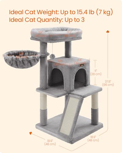 Feandrea Cat Tree, 37.8-Inch Cat Tower, Multi-Level Condo with Widened Perch, Scratching Posts and Ramp, 2-Door Cave, Hammock, Light Gray UPCT51W - color: Light Gray