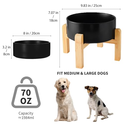 8'' Ceramic Raised Dog Bowl - 70Oz Dog Food & Water Bowl with Elevated Non-Slip Bamboo Stand, Dishwasher & Microwave Safe, Anti Vomiting Heavy Duty Pet Bowl for Medium and Large Dogs, Black - color: 1 x Bowl + Stand - Black, size: 8 inch