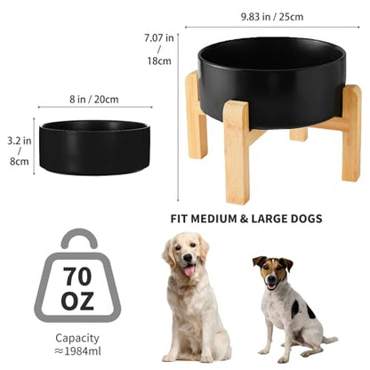 8'' Ceramic Raised Dog Bowl - 70Oz Dog Food & Water Bowl with Elevated Non-Slip Bamboo Stand, Dishwasher & Microwave Safe, Anti Vomiting Heavy Duty Pet Bowl for Medium and Large Dogs, Black - color: 1 x Bowl + Stand - Black, size: 8 inch