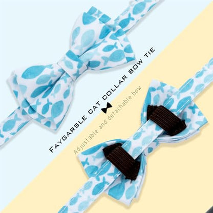 Faygarsle 2 Pack Fish Pattern Cat Collar Set with Bow Tie and Bandana, Light Blue and White, Breakaway Safety Collar with Bell - color: Blue Fish