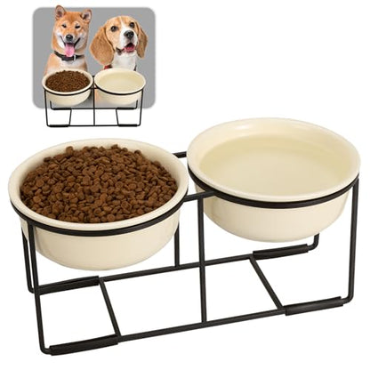 Ceramic Elevated Dog Bowl Set - Raised Food and Water Bowls with Metal Stand - Double Pet Dishes for Small and Medium Dogs - 3 Cups - 24.3 fl oz - Beige - color: Beige, size: L-400ml