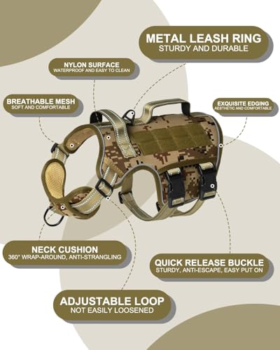 Tactical Dog Harness Medium Sized, Heavy Duty No Pull Dog Harness with Handle, Easy On and Off Service Dog Vest with Molle System, Reflective Pet Vest for Walking Hiking Training - color: Desert Camo, size: M(Neck:17-23",Chest:22-32"),35-50 lbs