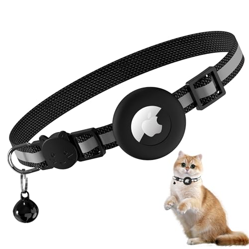 Meliya Airtag Cat Collar Breakaway with Bell, Adjustable Reflective Pet Kitten Collar with Apple Air Tag Holder Case for Girl Boy Cats (Striped Black) - color: Striped Black