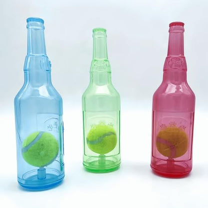 Cute Tough Dog Toy Rubber Bottle Squeaky Dogs Chew Toy Long Lasting Interactive Fetch Toy for Teething Tennis Ball Included (Green, Medium)