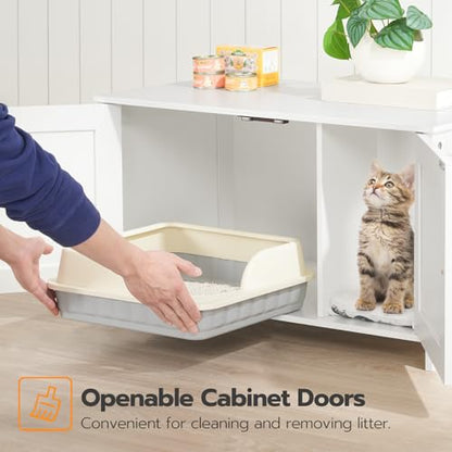 HOOBRO Litter Box Enclosure, Cat Litter Box Furniture with Removable Divider, Large Hidden Litter Box Furniture, Wooden Cat House, End Side Table, 31" L x 17.5" W x 19.7" H, White WT03MW01G2 - color: White