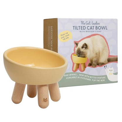 The Cat Ladies Tilted Ceramic Cat Bowl - Elevated Food Bowls Ceramic Pet Bowl - Raised Ceramics Bowls - Elevated & Tilted Design for Comfortable Eating - Dishwasher Safe - Wide Opening - color: Sunshine Yellow