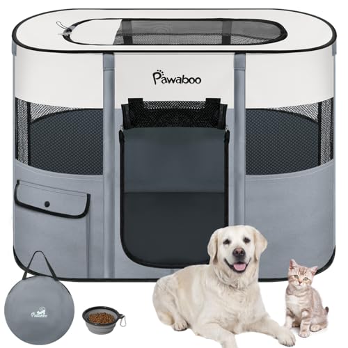 Dog Playpen, Portable Pet Playpen Cat PlayPens,600D Oxford Dog Kennel Tent Crate, Waterproof&Breathable, Indoor Outdoor Travel Camping Use for Medium/Large Breed with Carrying Case+Folding Bowl,L,Gray - color: Gray, size: Large(35"x28"x24")