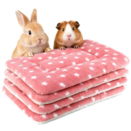 4 Pack Rabbit Bed Mat, 14" x 11" Soft Fluffy Flannel Small Pet Blanket, Washable Sleeping Pad for Guinea Pigs, Bunnies, Star Print - Pink - color: Pink, size: 14x10 Inch