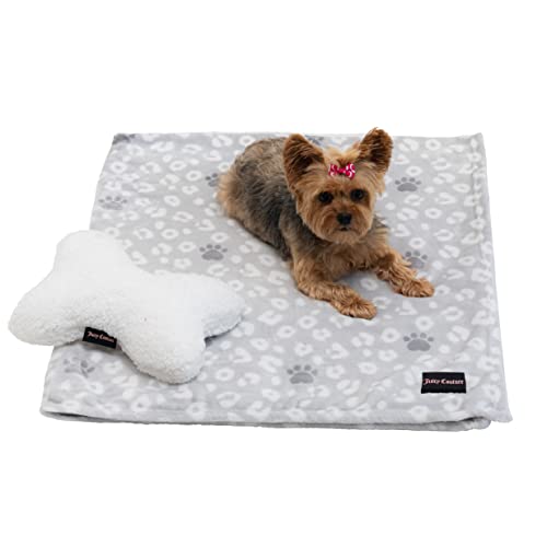 Juicy Couture Grey Leopard with Paws Dog Blanket with Sherpa Bone Shaped Pillow – Plush Puppy Blanket Throw, Breathable, Lightweight, Machine Washable, Cat Blanket for Small Medium & Large Pets - color: Grey Leopard With Paws