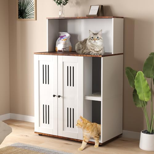 Yafylly Double Litter Box Enclosure for 2 Litter Boxes, 2 Cat Litter Box Furniture Hidden with Scratch Mat, Cat Litter Cabinet with Storage for Indoor Cats Large, Side Table, Fit Most of Litter Box - style: With Shelf