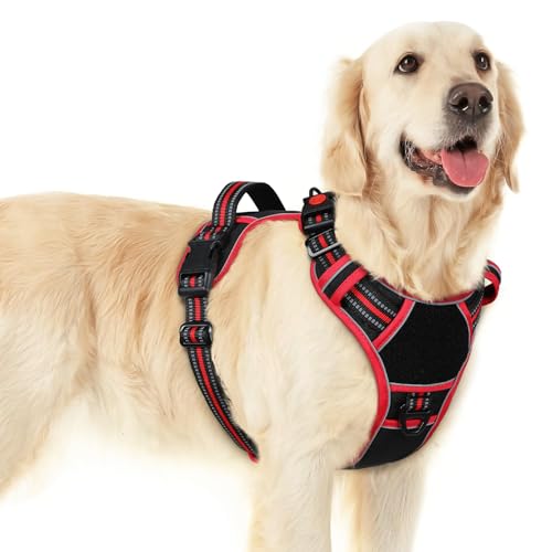 Dog Harness for Large Dogs, Easy Wearing with 3 Buckles, Adjustable No Pull Pet Harness with 2 Rings for Walking, No Chock Reflective Soft Padded Vest with Control Handle, Black & Red, L - color: Black & Red, size: Large