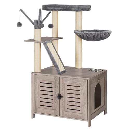 HOOBRO Cat Tree with Litter Box Enclosure, 44" Tall Wooden Cat Tower with Scratching Posts, Cat Hammock, Hidden Litter Box Furniture, All-in-One Indoor Cat Condo, Greige BG48MZ03 - color: Greige