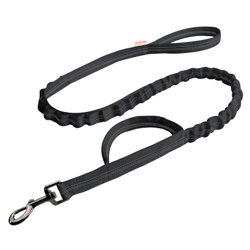 FOVRLZSE Reflective Bungee Dog Leash(Black) - 4FT to 5FT Adjustable Shock Absorbing Leash with Double Padded Handle & 360° No Tangle Metal Clasp for Small Medium Large Dogs - color: Black