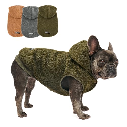 Tuff Pupper Fleece Dog Hoodie Sweater | Teddy Sherpa Outer & Soft Polar Fleece Lining | Adjustable Fit Winter Coat with Hood, Leash Hole, Ribbed Cuffs | for Small Medium Large XL XXL Dogs (Olive, S) - color: Olive, size: 15-25 lbs (Small)