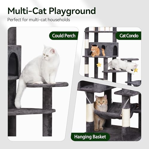 Meecal 79in Giant Cat Tree for Heavy Duty Big Cats, Large Cat Trees with Scratching Post, Cat Tree Tower with Cat Condos, Hammock & Plush Perch for Maine Coon, Smoky Gray - color: Smoky Gray
