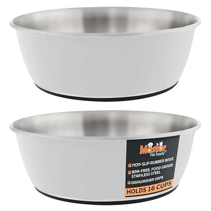 Master Pet Supply Stainless Steel Dog Bowls Set of 2 (128 Oz Each) with Non-Slip Rubber Base - Bone White - Basic Dog Food Bowl Water & Food Bowls for Small Medium Large Dogs & Cats, Metal Dish - color: Bone White, size: 16 Cups (128 oz) 2 Pack