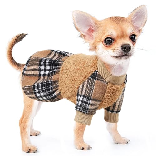 Dog Sweaters for Small Dogs Girl Boy, Winter Warm Fleece Princess Plaid Sweater Dress, Chihuahua Yorkie Teacup Pet Festival Apparel Clothing Dog Outfit, XS, Khaki - color: Khaki, size: X-Small (Chest 13in )