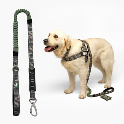 Dog Friendly Co. Bungee Dog Leash | Strain Free & Shock Resistant for Control | Neoprene Padded Handle, Heavy-Duty Carabiner Clip, and D-Ring | Green Camo, Size Small - color: Green Camo, size: Small