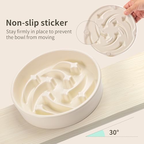 8.26 in Milk White Dog Bowl Slow Feeder Ceramic for Medium and Large Breed,Pet Feeding Dog Food Water Dish Heavy Weighted,Puppy Bowl for Fast Eaters,Puzzle Slow Eating Dish Modern Maze Meteor - color: Upgraded Milk White Slow Feeder