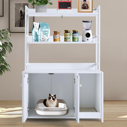Garvee Cat Litter Box Enclosure with Shelves, 52'' Large Hidden Cats Furniture for Most Litter Box, Wood Enclosed Dog Proof Cat Kitty Cabinet with Scratch Mat White - color: White-1