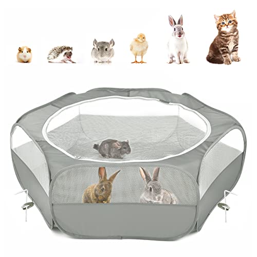 Pawaboo Small Animals Playpen, Waterproof Small Pet Cage Tent with Zippered Cover, Portable Outdoor Yard Fence with 3 Metal Rod for Chick/Kitten/Puppy/Guinea Pig/Rabbits/Hamster/Chinchillas,Light Gray - color: B-Gray