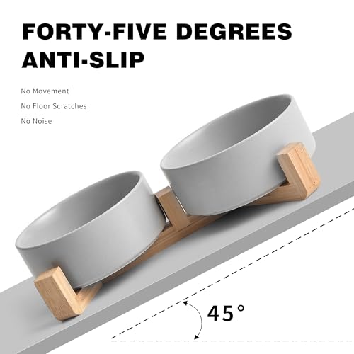 Mowtanco Grey Ceramic Dog & Cat Bowl Set – 13.5 OZ with Wooden Stand, Non-Slip, Elevated Design for Small Dogs & Cats – 2 Bowls (Food & Water, Ceramic Pet Bowls, Modern Dog Bowls) - color: Gray × 2