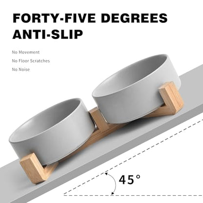 Mowtanco Grey Ceramic Dog & Cat Bowl Set – 13.5 OZ with Wooden Stand, Non-Slip, Elevated Design for Small Dogs & Cats – 2 Bowls (Food & Water, Ceramic Pet Bowls, Modern Dog Bowls) - color: Gray × 2