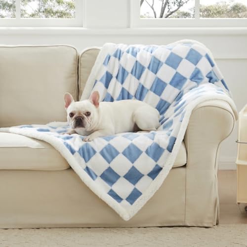 Ohocut Checkered Dog Blanket, Blue Jacquard Sherpa Blankets for Small Dog and Cats, Cute Aesthetic Style Fluffy Fleece Pets Blanket for Couch Protection Washable, 30"x40" - color: Blue, size: 30"x40"