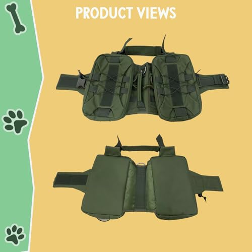 Tactical Dog Backpack Harness – Medium, Army Green, 2 Ample Side Pockets | Water Resistant Saddle Bags for Hiking & Camping, Sturdy Vest Fits Medium & Large Dogs - size: Medium