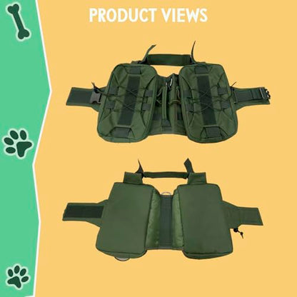 Tactical Dog Backpack Harness – Medium, Army Green, 2 Ample Side Pockets | Water Resistant Saddle Bags for Hiking & Camping, Sturdy Vest Fits Medium & Large Dogs - size: Medium