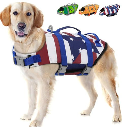 EMUST Dog Life Vests, Adjustable Dog Life Jacket with Rescue Handle, Dogs Flotation Vest for Small/Medium/Large Dogs, XS, FlagStar - color: FlagStar, size: XS