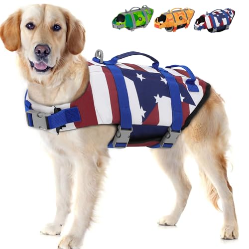 EMUST Dog Life Vests, Adjustable Dog Life Jacket with Rescue Handle, Dogs Flotation Vest for Small/Medium/Large Dogs, XS, FlagStar - color: FlagStar, size: XS