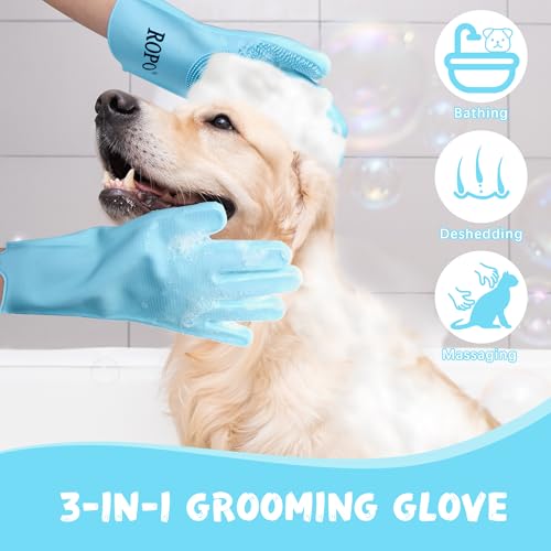 ROPO silicone gloves for pet grooming, multi-functional gloves for pet hair shedding, bathing, and massage (Blue) - color: Blue